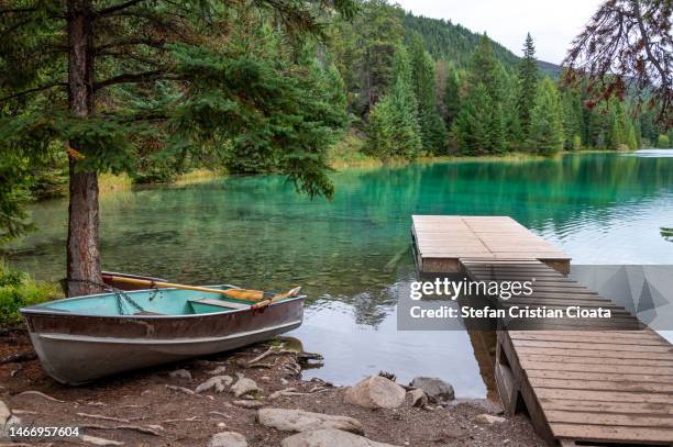 boat at lakes shore valley of the five lakes hike- jasper national park canada - orilla del lago fotografías e imágenes de stock