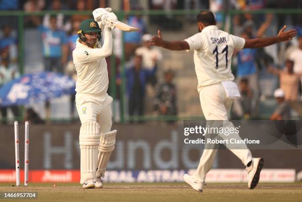 Nathan Lyon of Australia is bowled by Mohammed Shami of India during day one of the Second Test match in the series between India and Australia at...