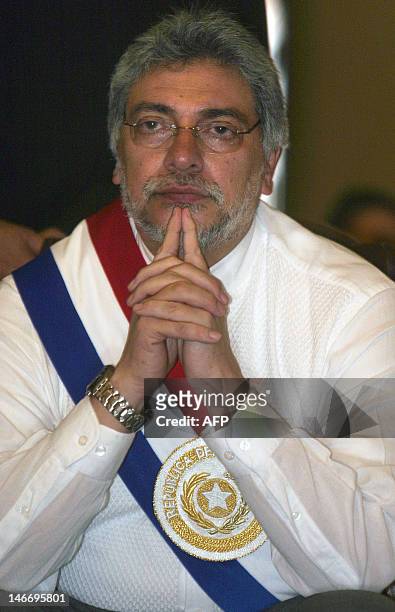 Paraguay's new President Fernando Lugo attends a Tedeum -thanksgiving service-- at the Metropolitan Cathedral on August 15, 2008 in Asuncion. During...