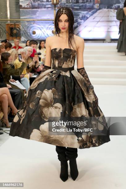 Model walks the runway at the Paul Costelloe show during London Fashion Week February 2023 on February 17, 2023 in London, England.