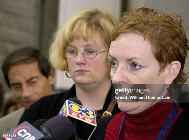 Elizabeth "Buffy" Hall speaks to the media during a break in the trial of Ira Einhorn outside the Criminal Justice Center October 9, 2002 in...