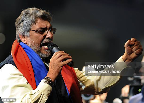 Former Catholic bishop and Paraguayan presidential candidate for the Patrotic Alliance for Change party Fernando Lugo delivers a speech in Asuncion...
