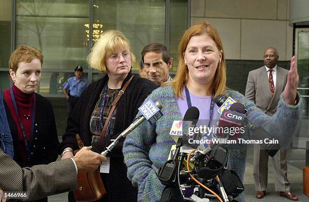 Elizabeth "Buffy" Hall, Mary Maddux, John Maddux and Meg Wakeman speak to the media during a break in the trial of Ira Einhorn outside the Criminal...