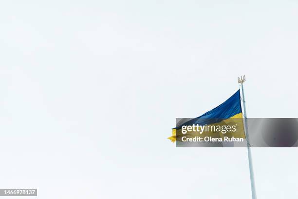 waving flag of ukraine on flagpole with trident. - ukrainian culture stock pictures, royalty-free photos & images