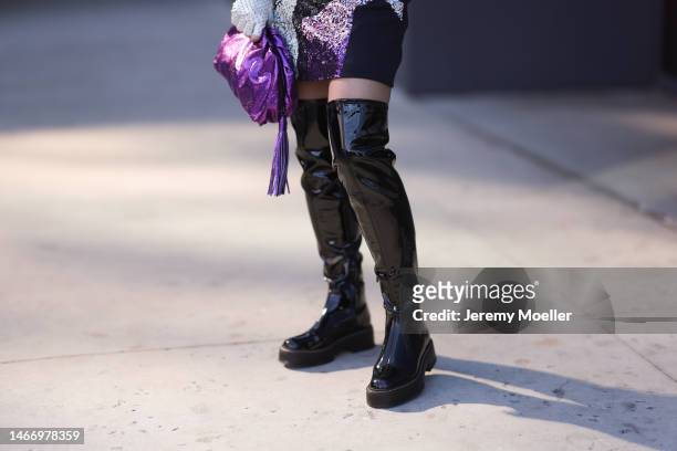 Olga Ferrara seen wearing Seymoure white leather pearl pattern gloves, Phillip Lim black with purple sequins pattern short skirt, Sam Edelman shiny...