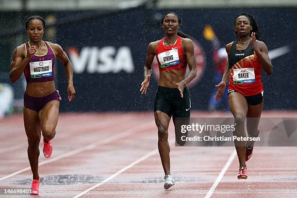 Natasha Hastings, Joanna Atkins and Keshia Baker compete in opening round of the women's 400 meter dash during Day One of the 2012 U.S. Olympic Track...