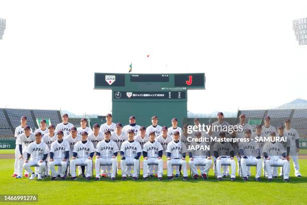 Team Samurai Japan pose for a photo on February 17, 2023 in Miyazaki, Japan.