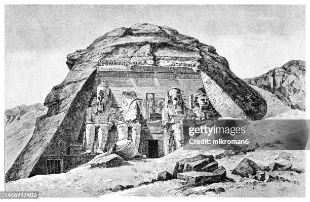 old engraved illustration of the great temple of rameses ii, abu simbel - egypt archaeology stock pictures, royalty-free photos & images