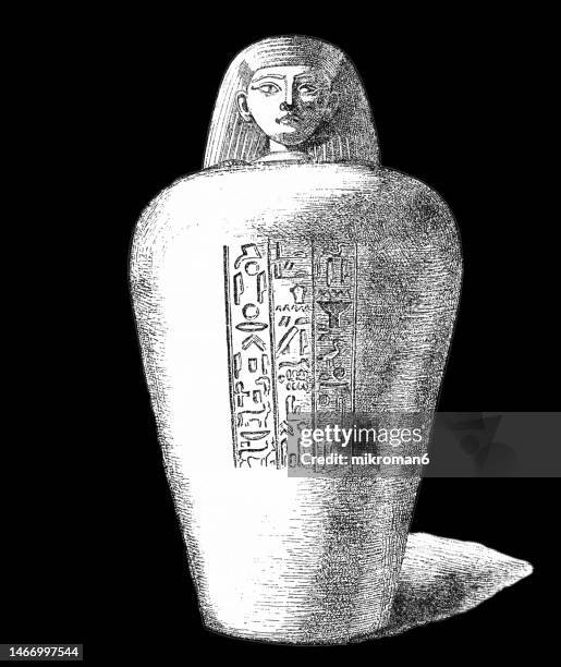 old engraved illustration of ancient egyptian canopic jar - container that were used by the ancient egyptians during the mummification process, to store and preserve the viscera of their owner for the afterlife - african funeral stock pictures, royalty-free photos & images