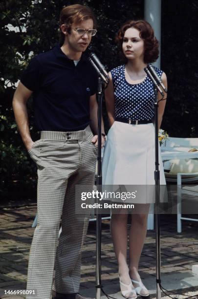 Julie and David Eisenhower hold a press conference in the Jacqueline Kennedy Garden of the White House in Washington on May 7th, declaring that...