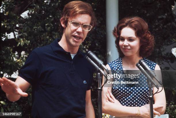 Julie and David Eisenhower hold a press conference in the Jacqueline Kennedy Garden of the White House in Washington on May 7th, declaring that...