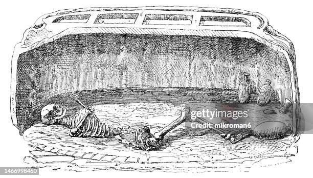 old engraved illustration of grave from ur, open (shows the type of burial: the corpse lies on one side, the right hand in a metal bowl) - funeral urn stock pictures, royalty-free photos & images