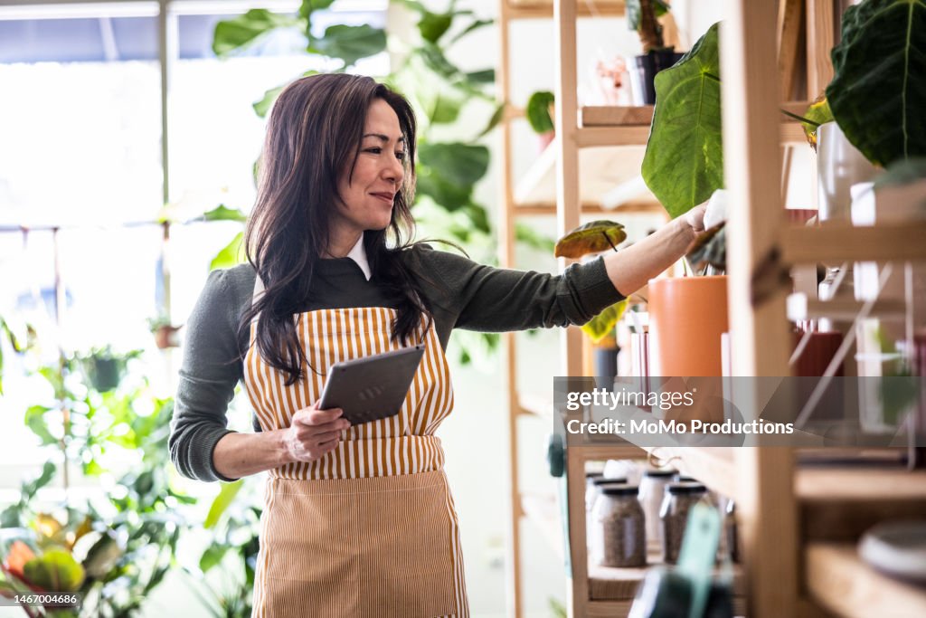 Female flower shop owner taking inventory with digital tablet