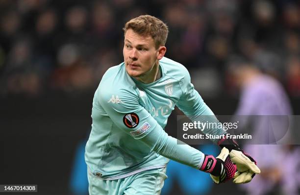 Alexander Nübel of Monaco in action during the UEFA Europa League knockout round play-off leg one match between Bayer 04 Leverkusen and AS Monaco at...
