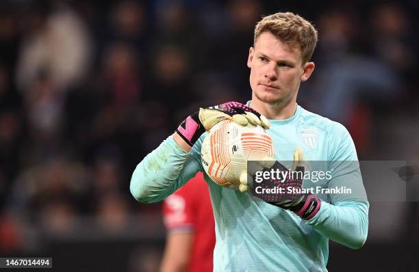 Alexander Nübel of Monaco in action during the UEFA Europa League knockout round play-off leg one match between Bayer 04 Leverkusen and AS Monaco at...
