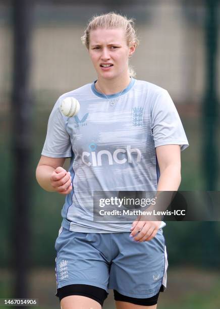 Charlie Dean of England pictured during a training session during the ICC Women's T20 World Cup South Africa 2023 at St Georges Park on February 17,...