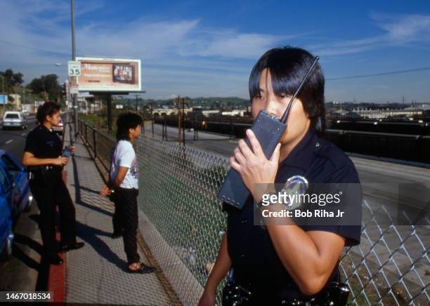 Los Angeles Police Department officers on patrol, January 4 near Chinatown area near downtown Los Angeles, California.