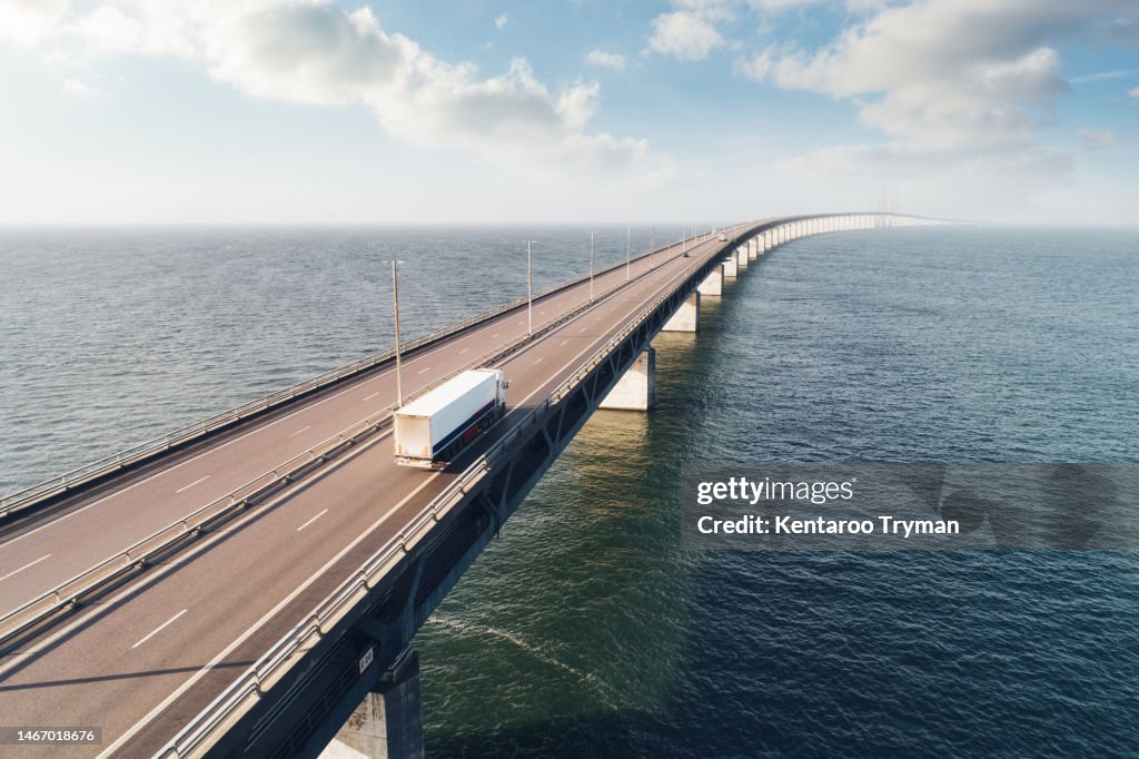 Aerial view of a bridge over water.