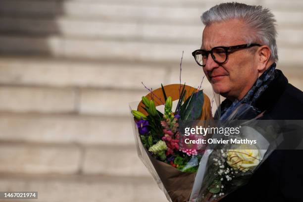 Prince Laurent of Belgium greets fans after the annual mass in memory of deceased members of the Royal Family in the Notre-Dame de Laeken church on...