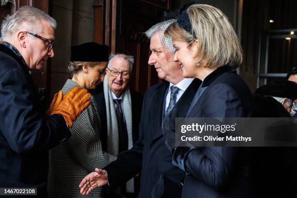 King Albert II, King Philippe of Belgium and Queen Mathilde welcome Prince Laurent and Princess Claire at the annual mass in memory of deceased...