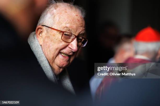 King Albert II of Belgium arrives at the annual mass in memory of deceased members of the Royal Family in the Notre-Dame de Laeken church on February...