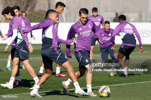 Daniel Ceballos player of Real Madrid is training with teammates at Valdebebas training ground on February 17, 2023 in Madrid, Spain.