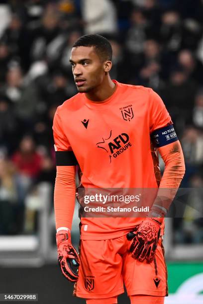 Alban Lafont of FC Nantes reacts during the UEFA Europa League knockout round play-off leg one match between Juventus and FC Nantes at Allianz...