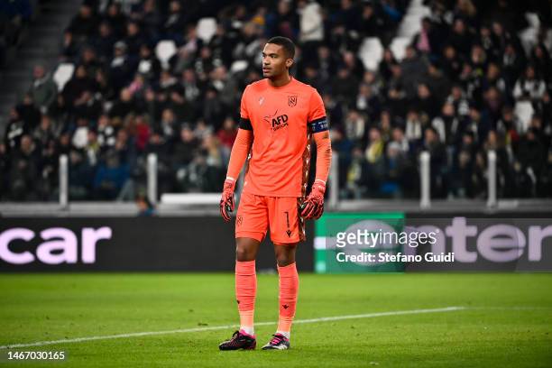 Alban Lafont of FC Nantes reacts during the UEFA Europa League knockout round play-off leg one match between Juventus and FC Nantes at Allianz...