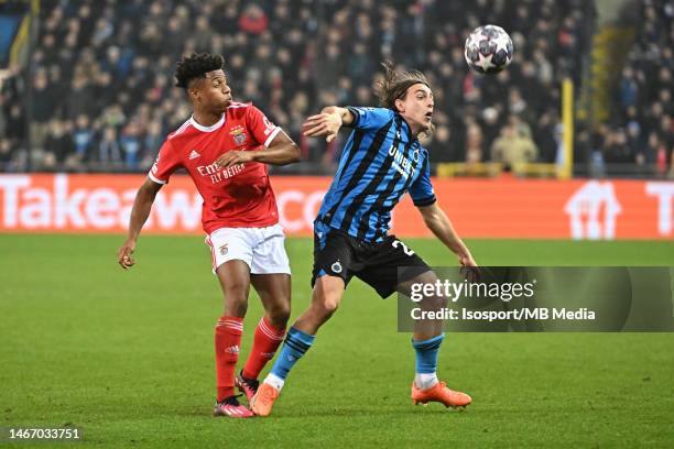 David Neres of Benfica battles for the ball with Casper Nielsen of Club Brugge during the UEFA Champions League season 2022 - 2023 1/8 finals, 1st...