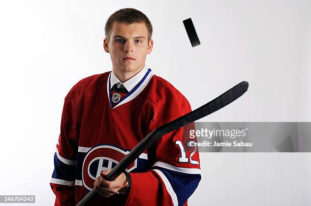 Alex Galchenyuk, drafted third overall by the Montreal Canadiens, poses for a portrait during Round One of the 2012 NHL Entry Draft at Consol Energy...