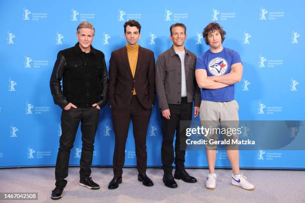 Cary Elwes, Jay Baruchel, Glenn Howerton and director Matt Johnson pose at the "BlackBerry" photocall during the 73rd Berlinale International Film...