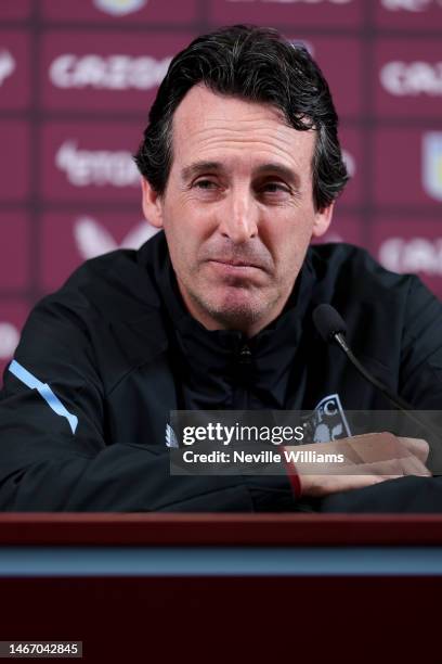 Unai Emery head coach of Aston Villa talks to the press during a press conference at Bodymoor Heath training ground on February 17, 2023 in...