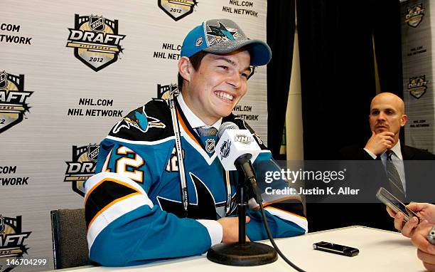 Tomas Hertl, 17th overall pick by the San Jose Sharks, speaks to media during Round One of the 2012 NHL Entry Draft at Consol Energy Center on June...