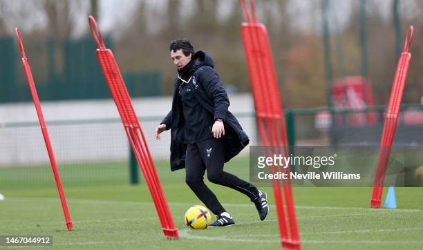 Unai Emery head coach of Aston Villa in action during a training session at Bodymoor Heath training ground on February 17, 2023 in Birmingham,...