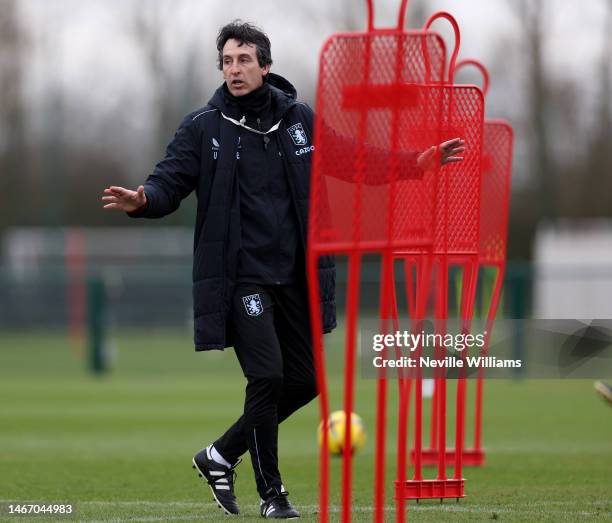 Unai Emery head coach of Aston Villa in action during a training session at Bodymoor Heath training ground on February 17, 2023 in Birmingham,...