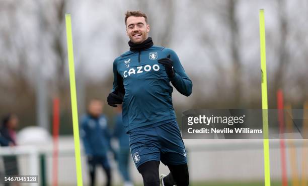 Calum Chambers of Aston Villa in action during a training session at Bodymoor Heath training ground on February 17, 2023 in Birmingham, England.
