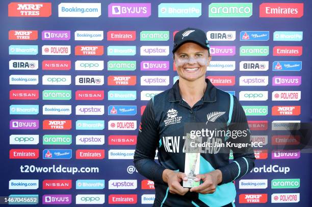 Suzie Bates of New Zealand poses after being named Player of the Match following the ICC Women's T20 World Cup group A match between New Zealand and...