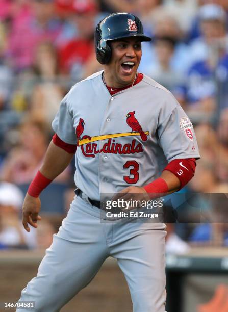 Carlos Beltran of the St. Louis Cardinals celebrate after scoring on a David Freese double during an interleague game against the Kansas City Royals...