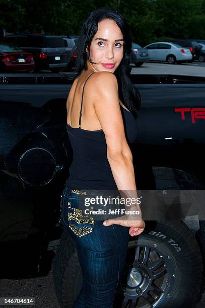 Nadya 'Octomom' Suleman poses at the Celebrity Pillow Fight Press Conference and Weigh In at the Fox And Hound Pub and Grille on June 22, 2012 in...