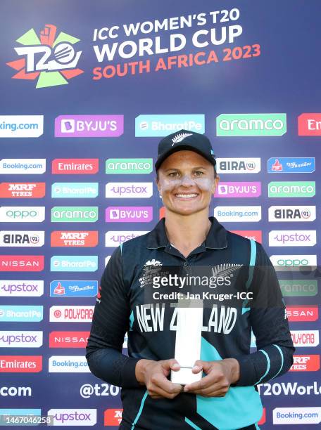 Suzie Bates of New Zealand poses after being named Player of the Match following the ICC Women's T20 World Cup group A match between New Zealand and...