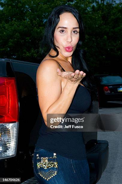 Nadya 'Octomom' Suleman poses at the Celebrity Pillow Fight Press Conference and Weigh In at the Fox And Hound Pub and Grille on June 22, 2012 in...