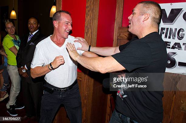 Michael Lohan and Damon Feldman attend the Celebrity Pillow Fight Press Conference and Weigh In at the Fox And Hound Pub and Grille on June 22, 2012...
