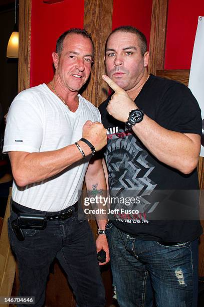 Michael Lohan and Damon Feldman pose at the Celebrity Pillow Fight Press Conference and Weigh In at the Fox And Hound Pub and Grille on June 22, 2012...