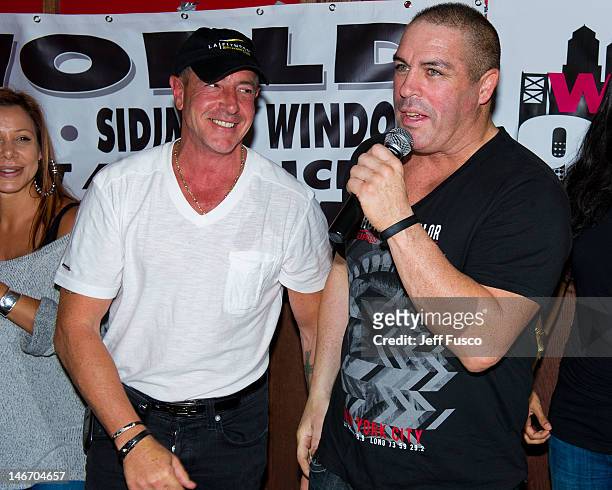 Michael Lohan and Damon Feldman attend the Celebrity Pillow Fight Press Conference and Weigh In at the Fox And Hound Pub and Grille on June 22, 2012...