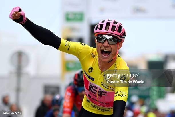 Magnus Cort Nielsen of Denmark and Team EF Education – Easypost - Yellow Leader Jersey celebrates at finish line as stage winner during the 49th...