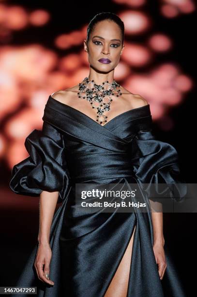 Model walks the runway at the Hannibal Laguna fashion show during Mercedes Benz Fashion Week Madrid February 2023 edition at IFEMA on February 17,...