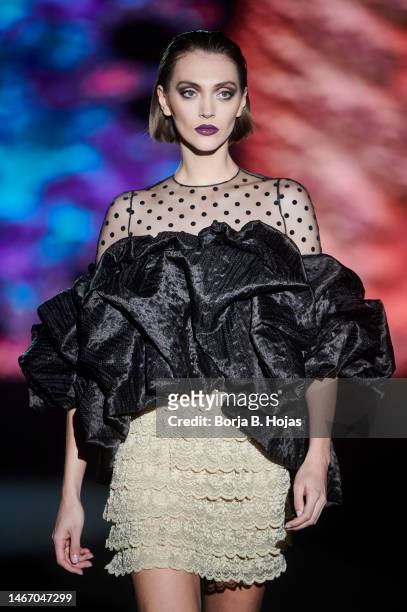 Model walks the runway at the Hannibal Laguna fashion show during Mercedes Benz Fashion Week Madrid February 2023 edition at IFEMA on February 17,...