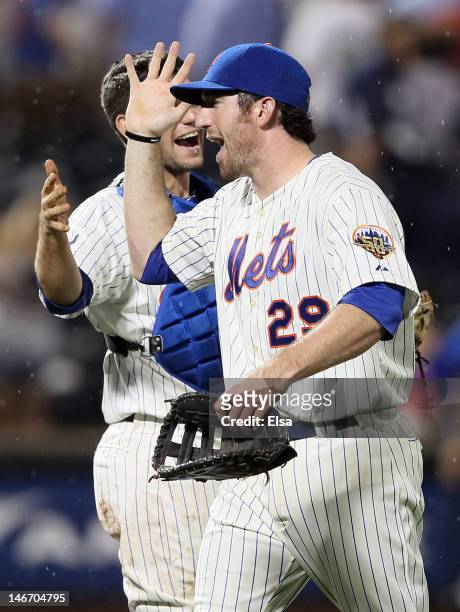 Ike Davis of the New York Mets celebrates the win over the New York Yankees on June 22, 2012 during interleague play at Citi Field in the Flushing...