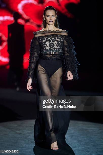 Model walks the runway at the Hannibal Laguna fashion show during Mercedes Benz Fashion Week Madrid February 2023 edition at IFEMA on February 17,...