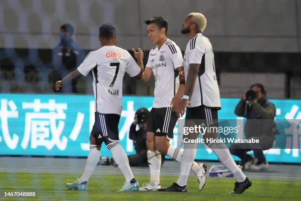 Takuma Nishimura of Yokohama F.Marinos celebrates scoring his team's first goal during the J.LEAGUE Meiji Yasuda J1 1st Sec. Match between Kawasaki...